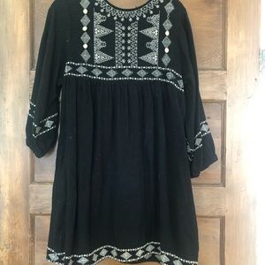 Zara black white embroidered babydoll boho dress M